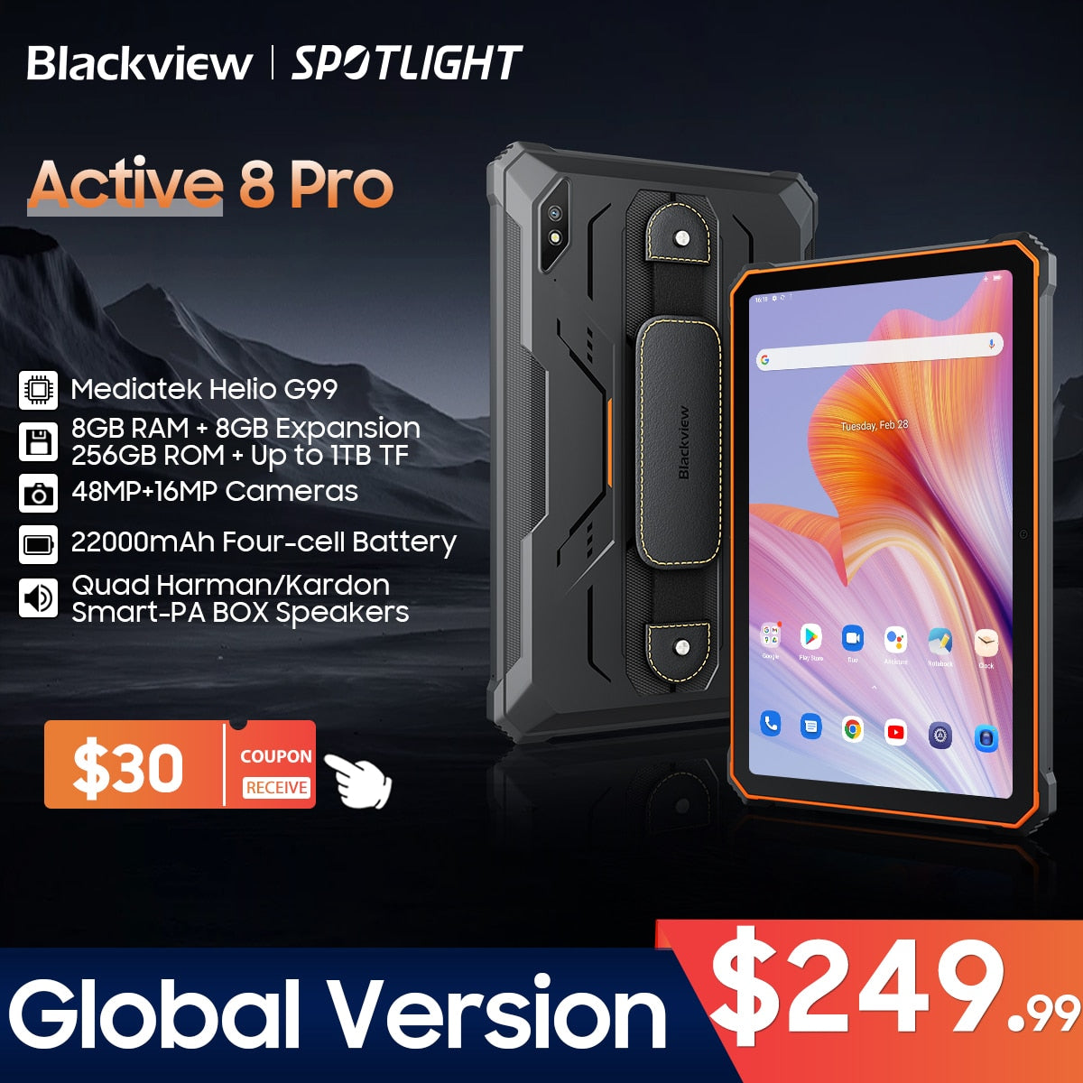 [World Premeire] Blackview Active 8 Pro Rugged Tablets Android 13 10.36" 2.4K Display Helio G99 16GB 256GB Tablet PC 22000mAh