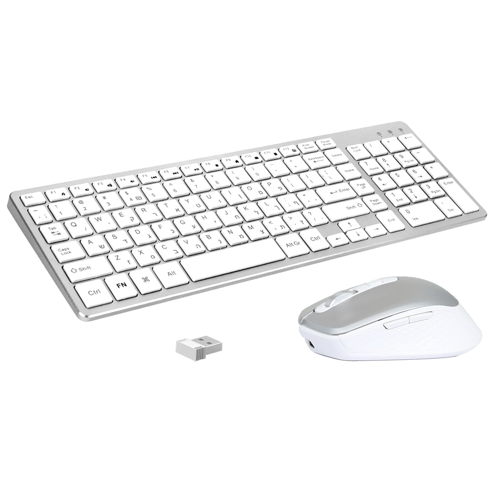 Hebrew Wireless Keyboard and Mouse Rechargeable Slim Silent Computer Keyboard Mouse Kit for Laptop PC Mac TV Box