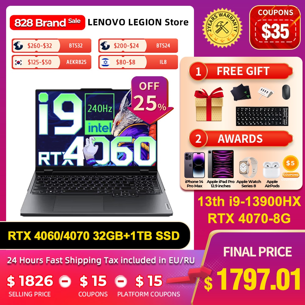 Lenovo Legion Y9000P Gaming Laptop 13th Intel Core I9-13900HX 16G 1TB SSD RTX4060/RTX4070 16 inches 240Hz 2023 Notebook PC