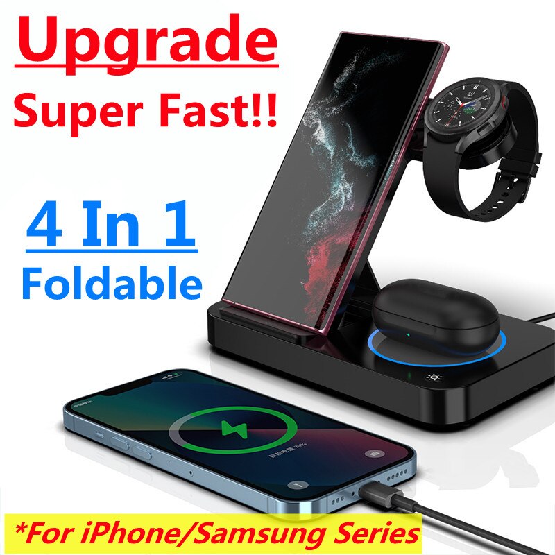 4 In 1 Foldable Fast Wireless Charging Station For iPhone 14 13 12 Apple Watch 7/6 Samsung S22 S21 Galaxy Watch Chargers Stand