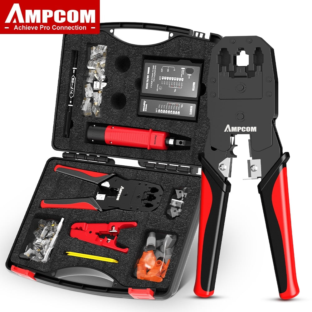 AMPCOM RJ45 Crimper Lan Tester Tool Set Ethernet Cable Stripper Punch Down Tool RJ 45 RJ11 Connectors 12 in 1 Cabling Repair Set