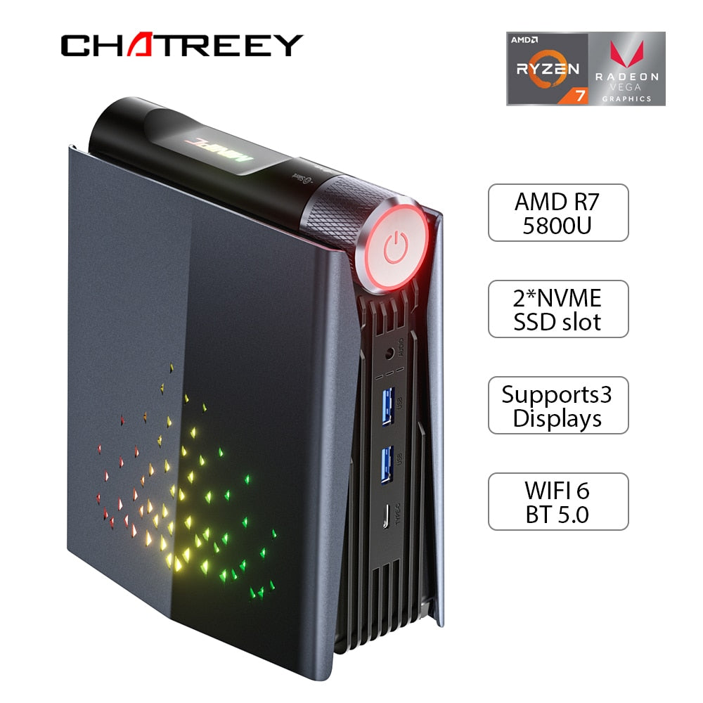 Chatreey AMR5 AM08 Mini PC Ryzen 5 5800U R7 7735HS 680M R9 7940HS 780M Colorful Lighting Gaming Desktop Computer Wifi6 BT 5.0