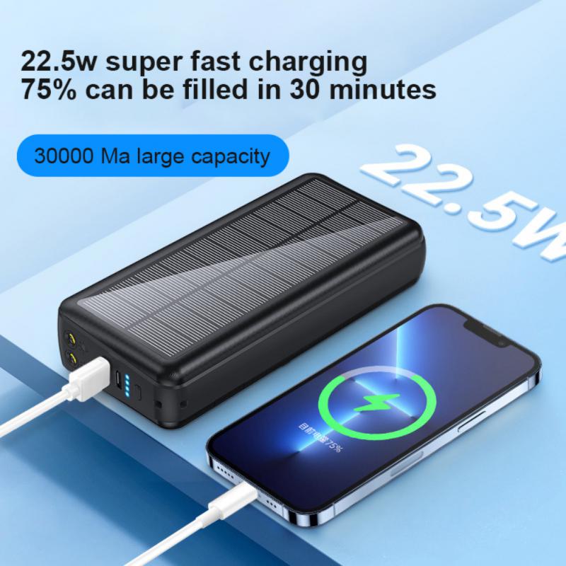 4 Usb Ports External Battery 30000mah Fast Charger 22.5w Top Solar Power Bank For Iphone 13 Samsung Built In Cable Plug