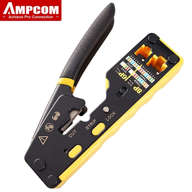 AMPCOM RJ45 Crimper Pass Through RJ45 Crimping Tool For CAT6 CAT5E Pass Thru Ethernet Modular Plugs 8P8C RJ11 Connectors