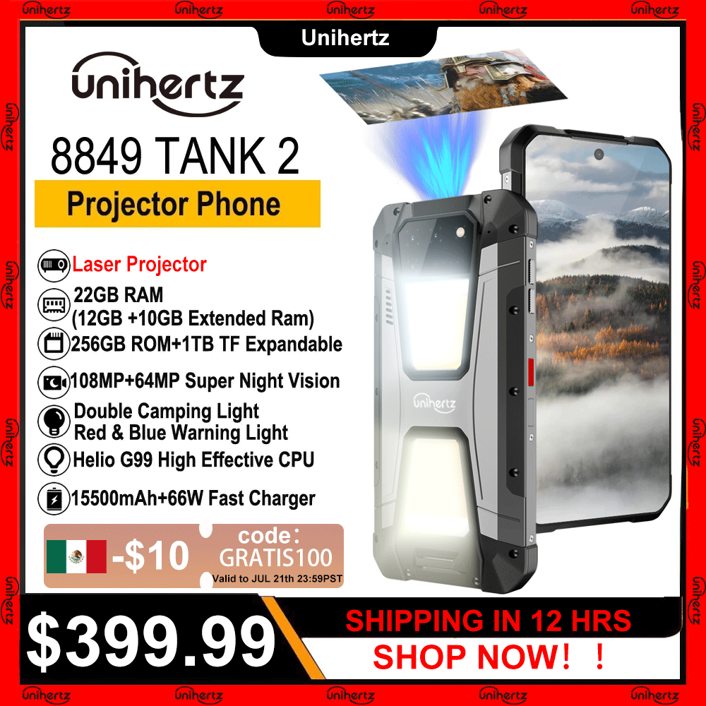Unihertz 8849 tank 2 waterproof projector smartphone up to 22GB 256GB Rugged Cellphone 64MP Super night vision 15500mAh phone