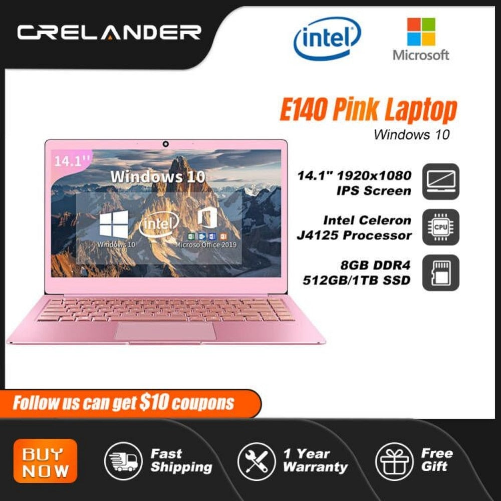 CRELANDER Pink Laptop 14 Inch Intel J4125 Processor 8GB DDR4 Windows 10 Metal Notebook Computer PC Portable Laptop For Student