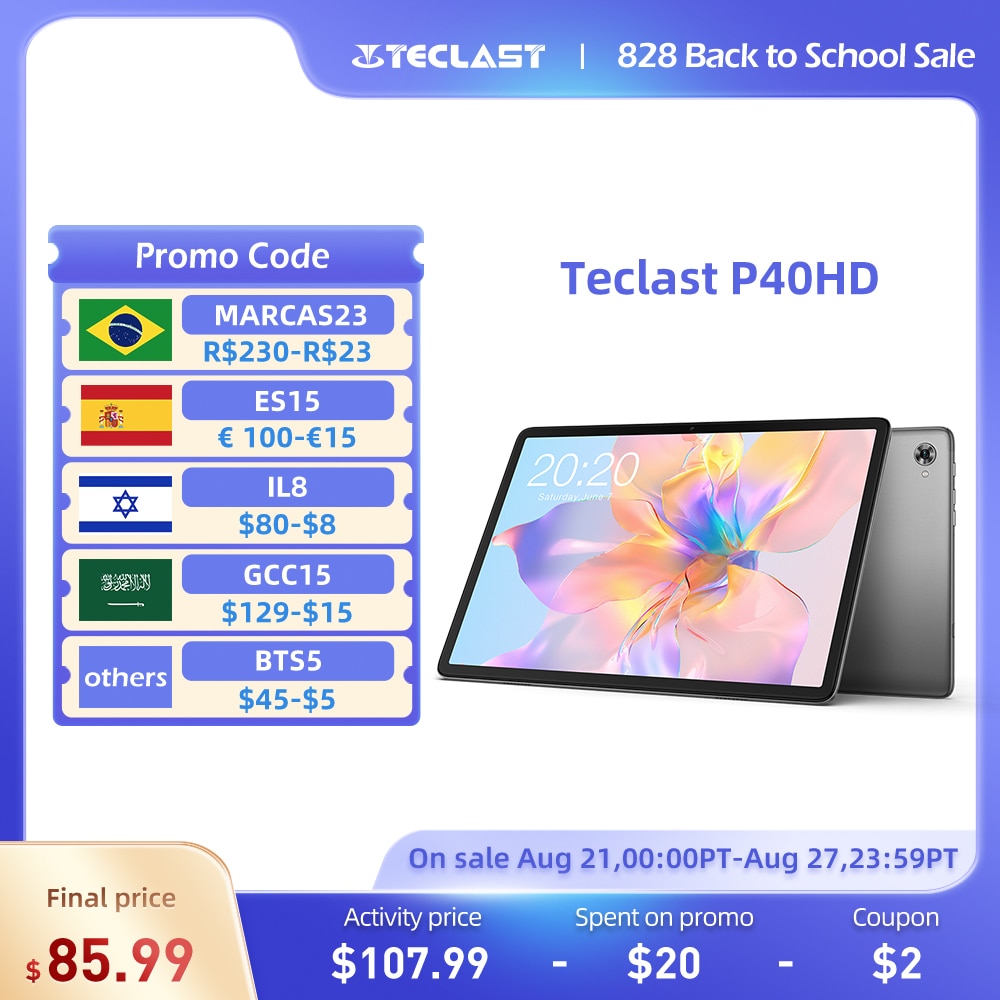Teclast P40HD 2023 10.1" Tablet Android 12 6GB RAM Android 13 8GB RAM 128GB ROM Unisoc T606 8-core Widevine L1 Type-C 4G LTE GPS