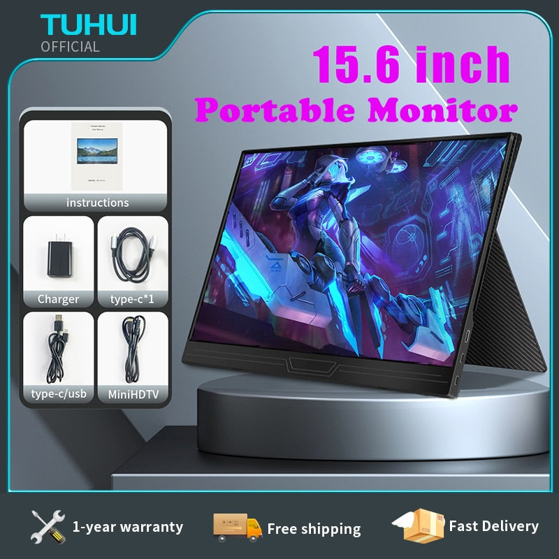 TUHUI 15.6 Inch Portable Monitor Gaming FHD 1080P IPS USB-C Mini-HDMI Travel Display for Phone Mac Laptop PC Switch Xbox PS4/5