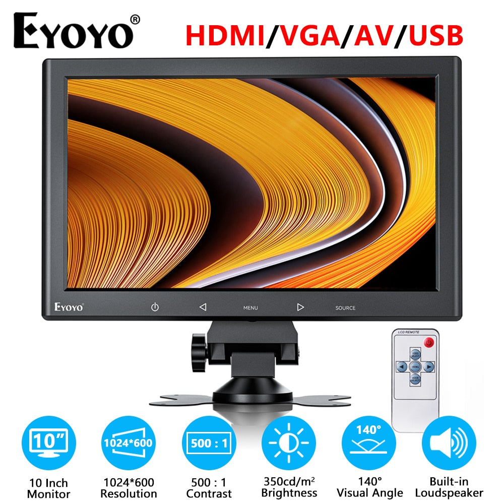 Eyoyo 10/7 Inch HDMI Monitor with Sensitive Touch Buttons & Speaker & Remote Controller HD 1024x600 IPS Screen DC 12V/USB  Power