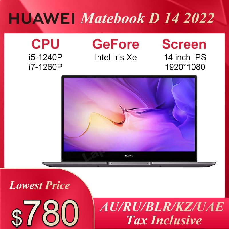 2022 Latest HUAWEI MateBook D 14 Laptop 14 Inch Screen Notebook i5-1240P/i7-1260P 16GB 512GB Netbook With Iris Xe Graphics Card