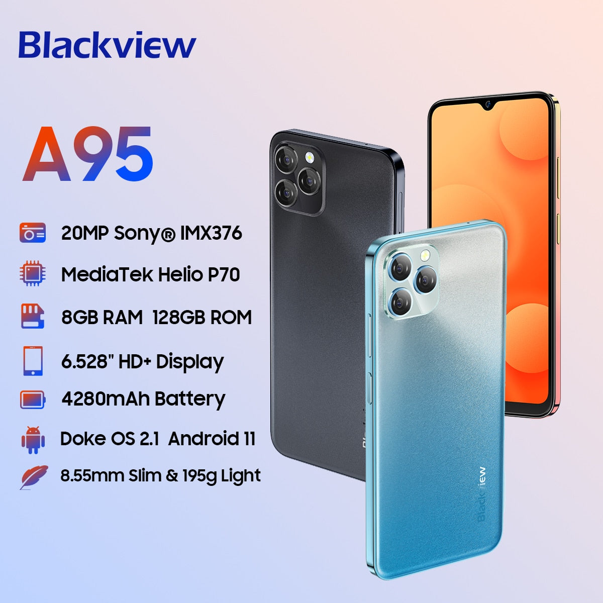 Blackview A95 8GB RAM 128GB ROM Smartphone MTK Helio P70 Octa Core 6.5" Display 4380mAh Battery Global Version