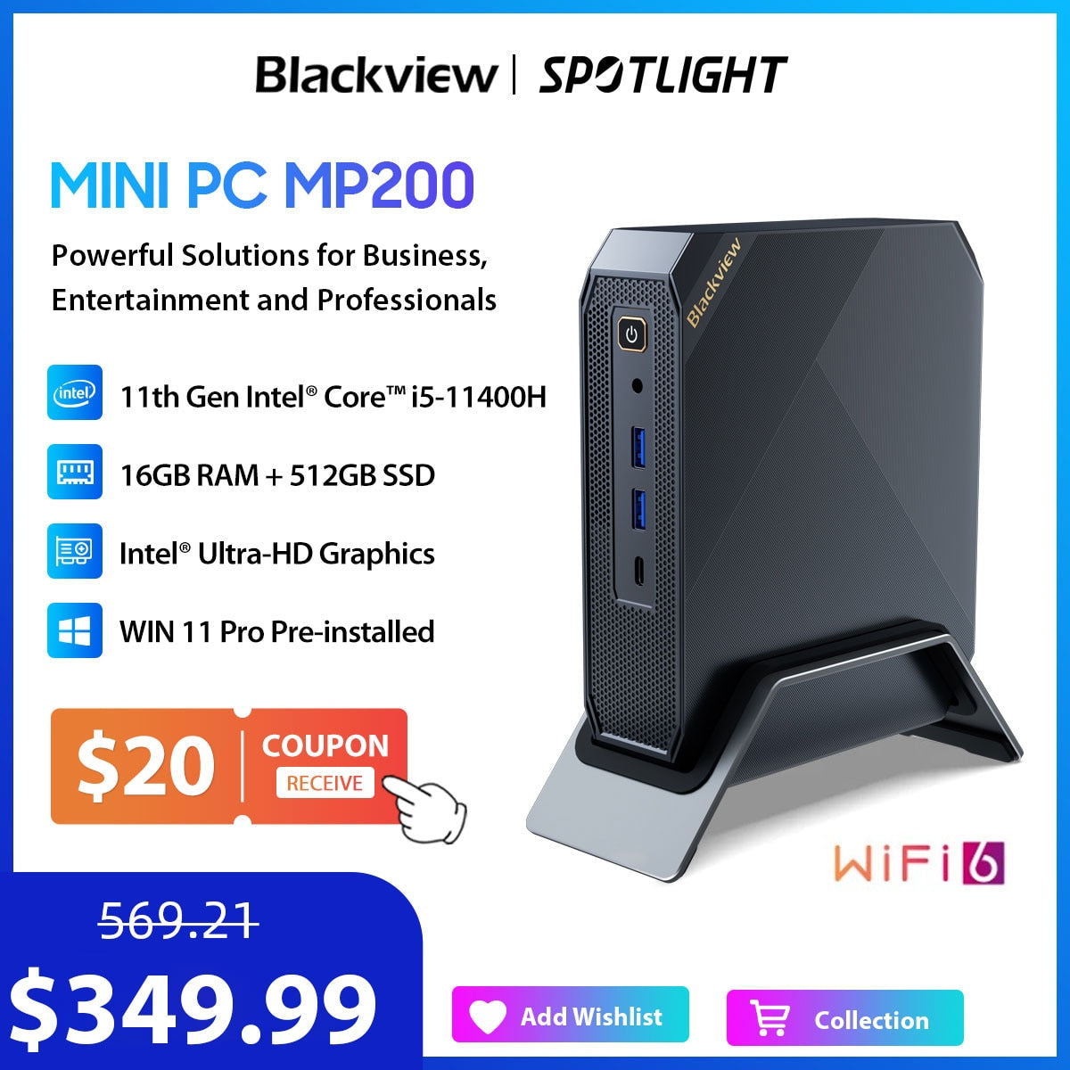 Blackview Mini PC MP200 Intel 11th Gen I5-11400H Desktop Computer Up To 4.5GHz 16GB DDR4 512GB SSD Window 11 Pro Wifi 6 4K DH PC