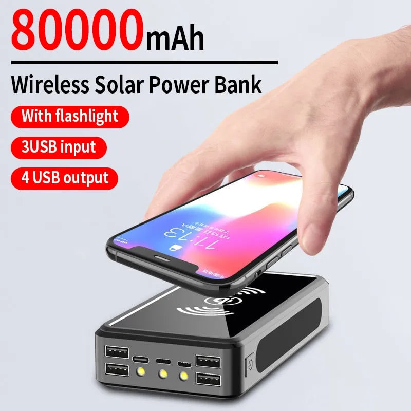 Solar Power Bank 80000mAh Wireless External Battery Portable PowerBank 4USB Convenient Travel For iPhone Samsung Huawei Xiaomi