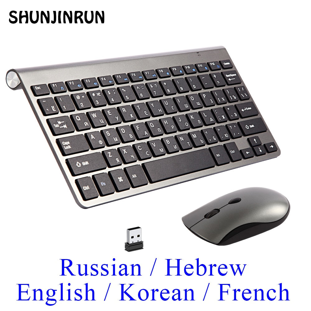2.4G Wireless Keyboard and Mouse, Russian/French/Korean/Hebrew USB Protable Mini Keyboard Mice Set for PC Laptop