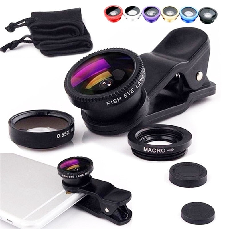 3in1 Fisheye Wide Angle Micro Camera Lens for IPhone Xiaomi Redmi 3IN1 Zoom Fish Eye Len on Macro HD Lens Lenses with Phone Clip