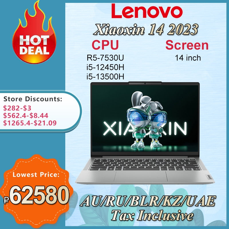 Lenovo Xiaoxin 14 Laptop 2023 R5 7530U/i5-12450H/i5-13500H 14Inch 16GB DDR5 512GB/1TB/2TB SSD Notebook PC Computer