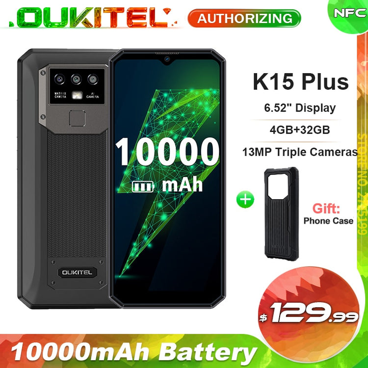 OUKITEL K15 Plus 10000mAh 6.52'' Display Android 10.0 Smartphone 4GB+32GB 13MP Triple Rear Cameras NFC Mobile Phone