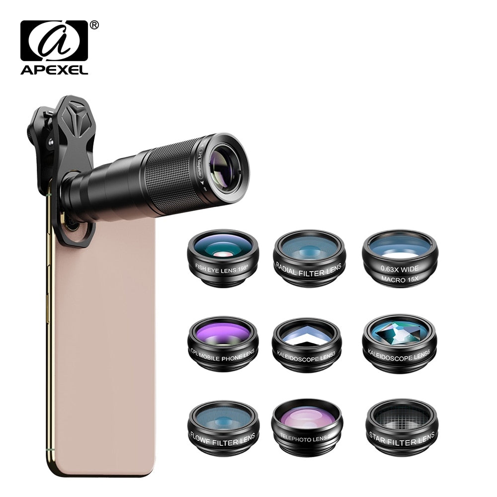 APEXEL 10 in 1  Mobile phone Lens Kit 22X Telephoto Fisheye lens Wide Angle Macro Lens+CPL Star Flow Filters for all smartphones