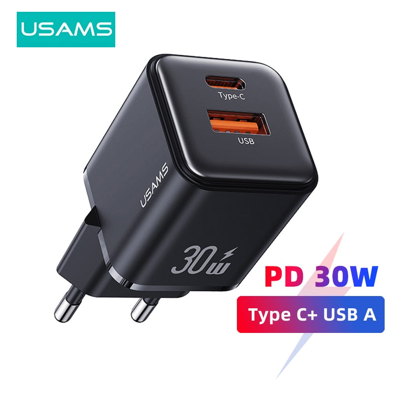 USAMS Dual USB Fast Charger 30W Type C PD Quick Charge 3.0 Phone Charger for iPhone 14 13 12 11 Pro Max Xiaomi Samsung Tablets