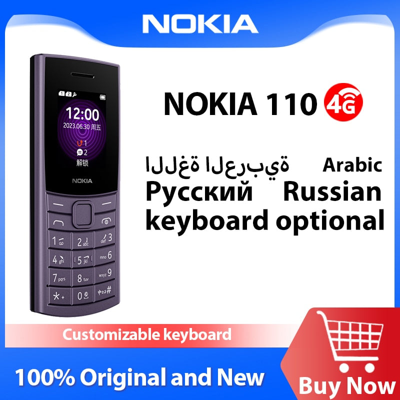New and Original Nokia 110 4G Feature Phone 1.8" Dual SIM Cards Bluetooth 5.0 FM Radio 1450mAh Battery Rugged Push-button Phone