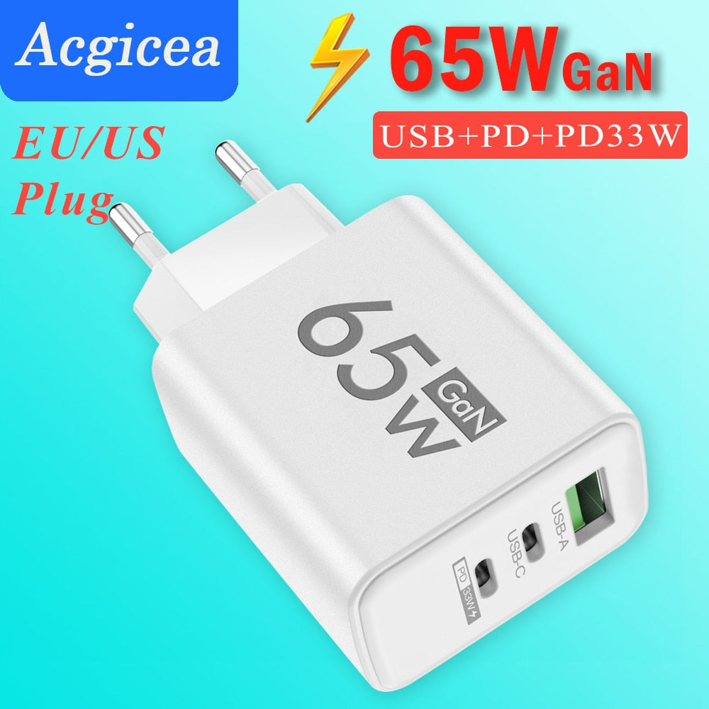 65W GaN Fast Charger Adapter Type C PD Quick Charge Mobile Phone Wall Charger Multiple Charging Ports for IPhone Huawei Xiaomi