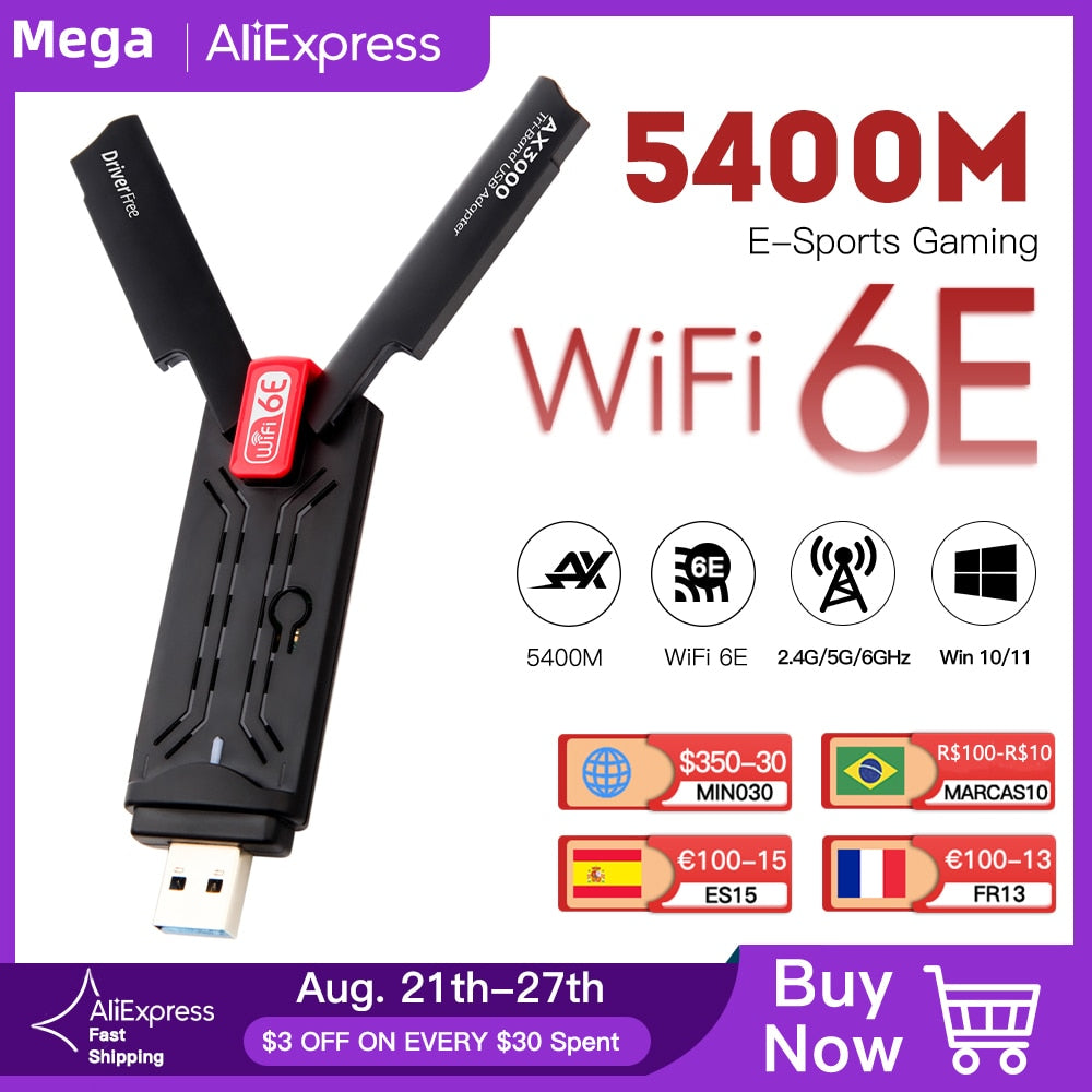 5400Mbps USB Wifi6E Adapter 2.4G&5G&6GHz USB 3.0 Wifi 6 Receiver Dongle Tri-band Antenna MU-MIMO Plug and Play for Windows 10/11