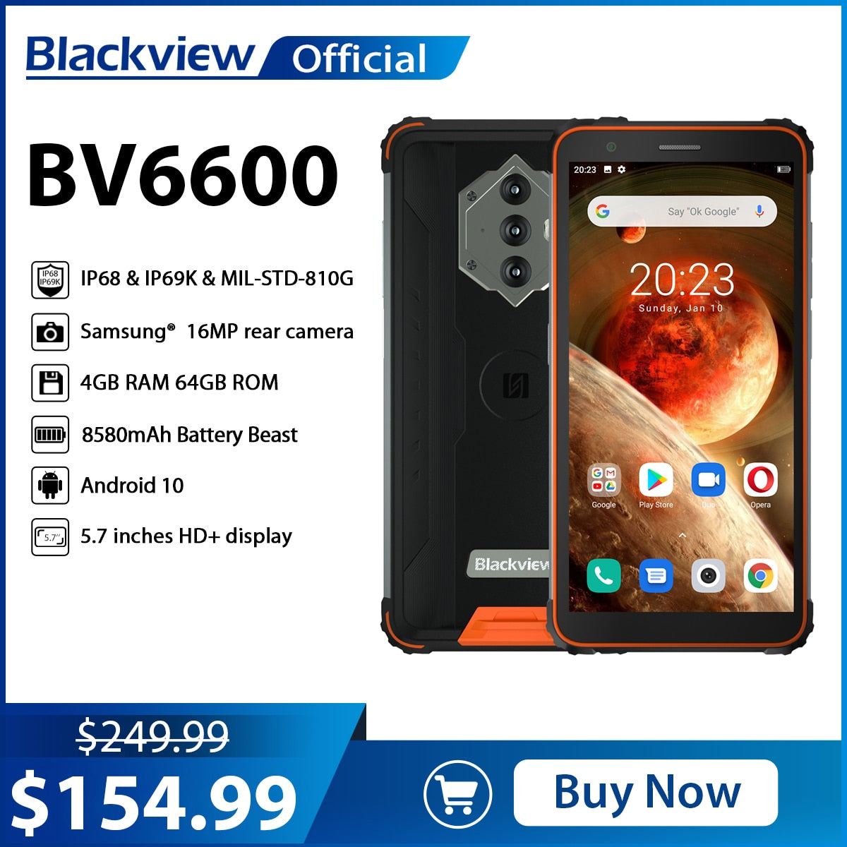 Blackview BV6600 IP68 Waterproof 8580mAh Rugged Smartphone Shockproof Phones 4GB+64GB 5.7" Mobile Phone 16MP Android 10 Unlock