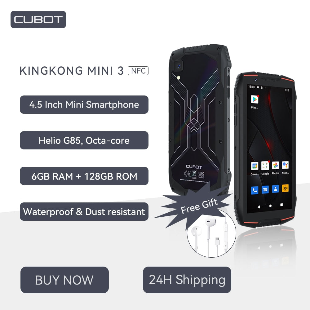 4.5" Waterproof Mini Smartphone, Cubot KingKong MINI 3, Helio G85 Octa-Core, 6GB+128GB, NFC, Dual SIM, Rugged Phone, 4G Celulare
