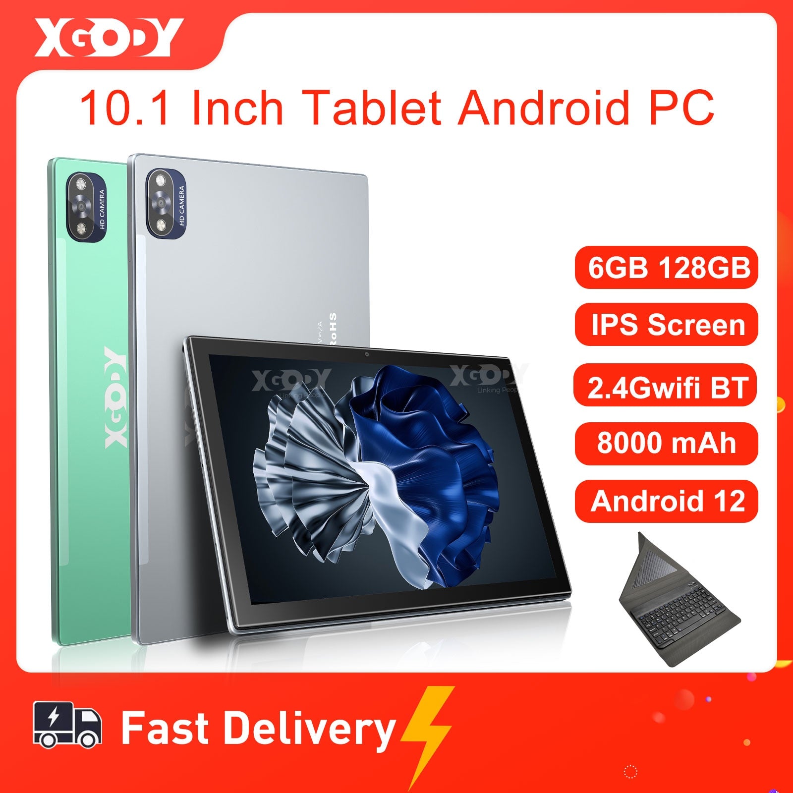 XGODY 10.1 Inch Tablet Android 12 6GB 128GB PC IPS Screen Ultra-thin 2.4GWiFi Bluetooth OTG Type-C 8000mAh Tablets With Keyboard