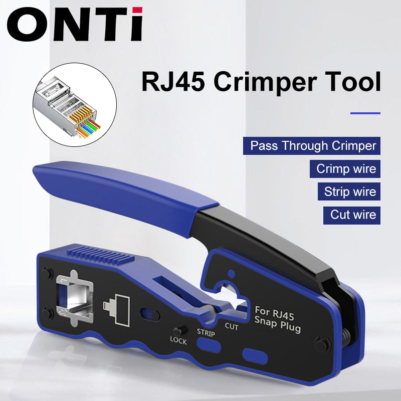 ONTi RJ45 Pass Through Crimper Tool and Rj45 Connector, Ethernet Crimper Crimping Tool Wire Stripper Cutter for Cat6a Cat5