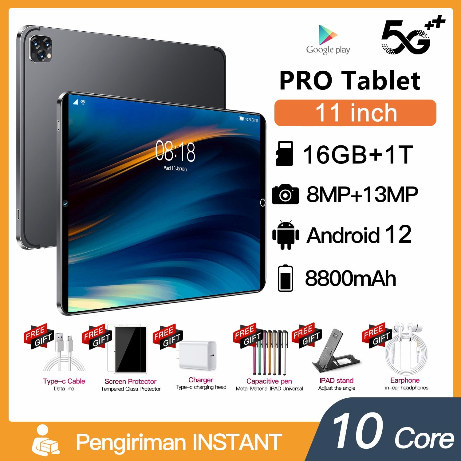 2023 Gobal Version PRO11 Tablet Pc Android 12 11 Inch 16GB 1T Deca Core Google Play WPS 5G WIFI Bluetooth Hot Sales Laptop