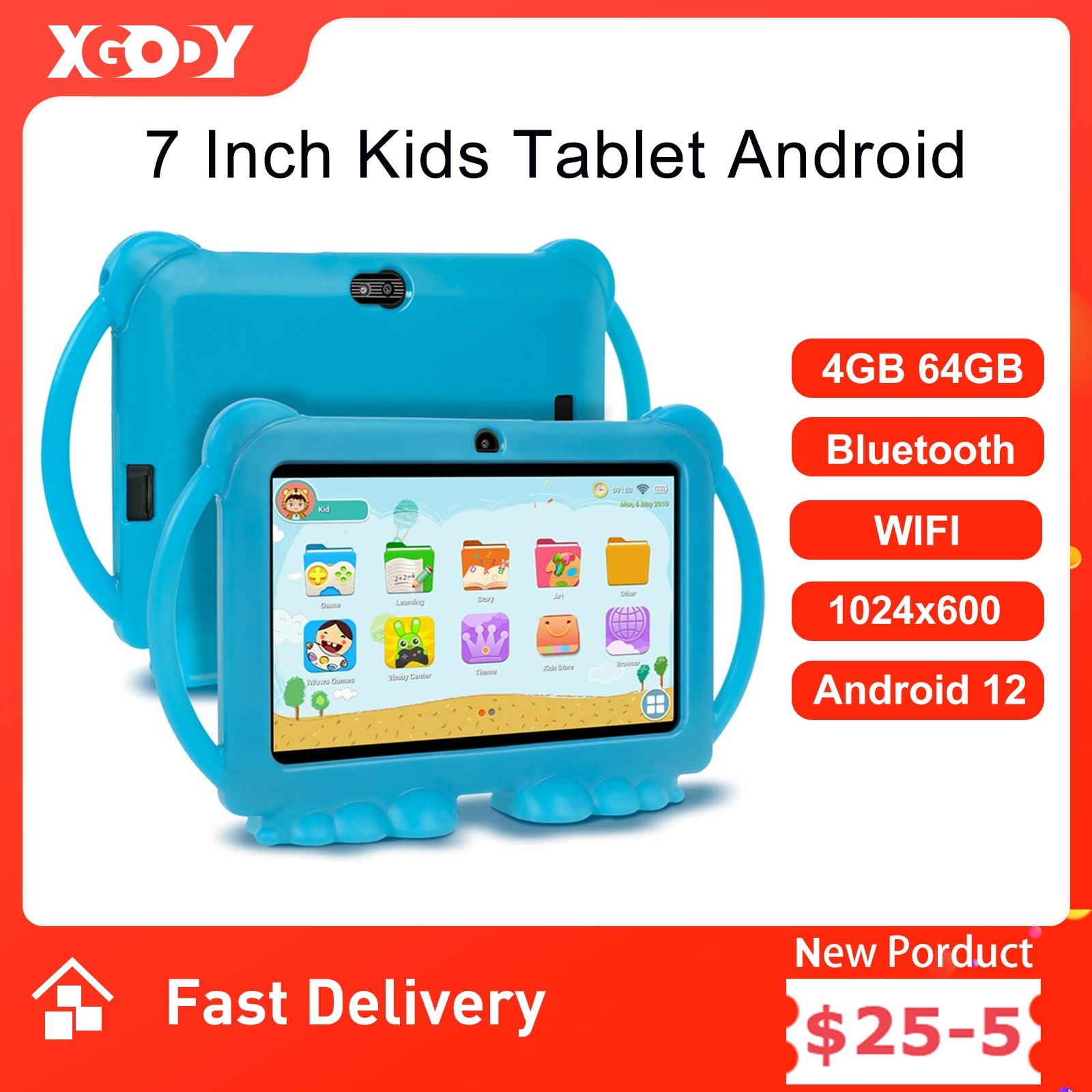 XGODY 7 Inch Android Kids Tablet PC For Study Education 64GB ROM Quad Core WiFi OTG 1024x600 Children Tablets With Tablet Case