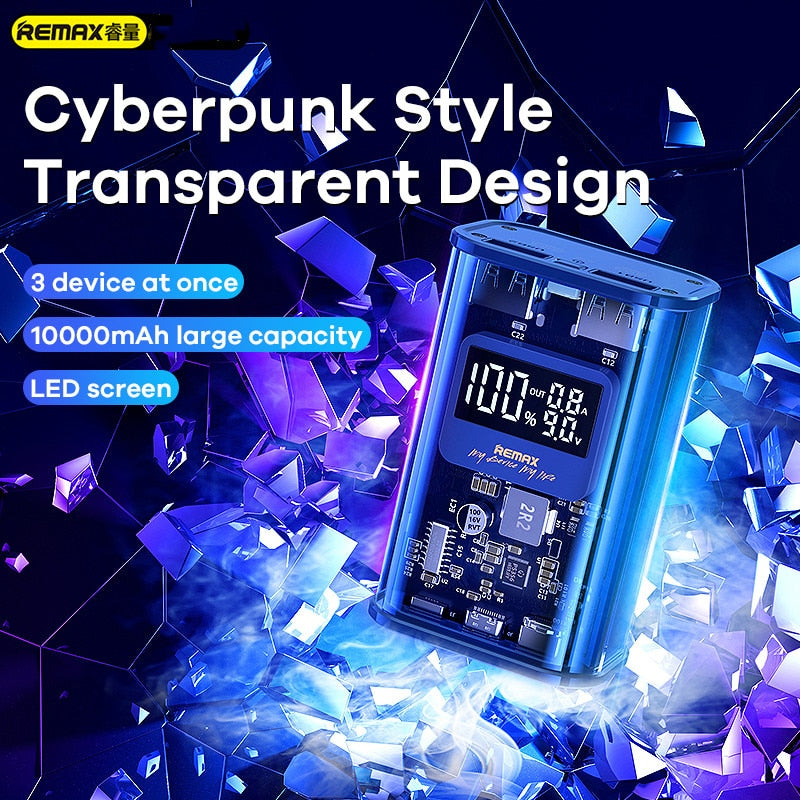 Remax 10000mAh Transparent PowerBank QC 22.5W PD20W Mini Portable Battery Quick Charger Power Bank iPhone Samsung Huawei
