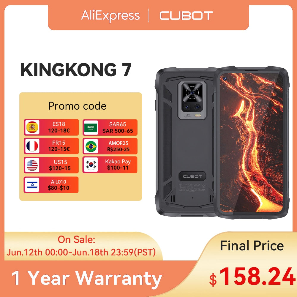 New Cubot KingKong 7 Rugged Smartphone IP68 & IP69K Waterproof 5000mAh 6.36" FHD+ 64MP AI Triple Camera 8GB+128GB NFC Android 11