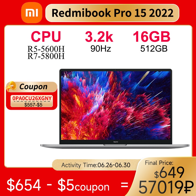Xiaomi Redmibook Pro 15 2022 Laptop 15.6 inch 3.2K 90Hz PC Computer AMD Ryzen R7 6800H RTX2050 GDDR6 16GB 512GB SSD Mi Notebook