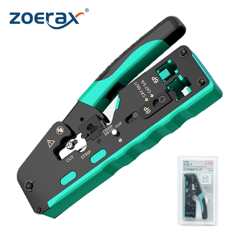 ZoeRax RJ45 Crimping Tool Pass Through, Professional Grade Ethernet Cable Crimper for Cat7 Cat6A Cat6 Cat5E Cat5 Modular Plugs