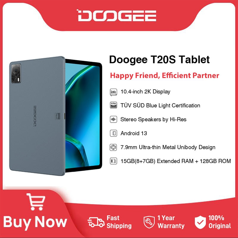 DOOGEE T20S Tablet TÜV SÜD Certified 10.4" 2K Display 8GB+128GB 7500mAh 13MP Main Camera 7.9mm body Hi-Res Speakers Android 13
