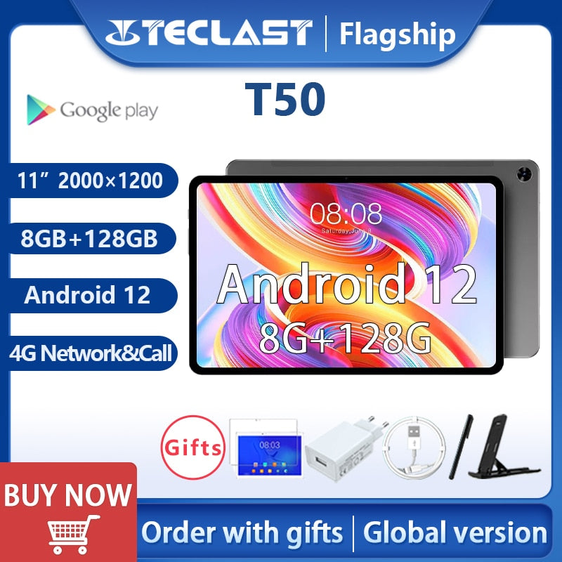 Teclast T50 2023 11" 2K Tablet Android 12 2000x1200 8GB RAM 128GB ROM UNISOC T616 Octa Core 4G Network Type-C 18W Fast Charging