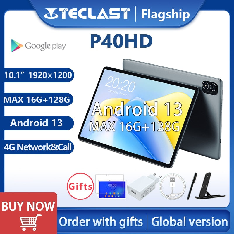 【NEW】Teclast P40HD MAX 8GB+128GB ROM 10.1" Tablet Android 13 1920x1200 UNISOC T606 Octa Core 4G Network Type-C