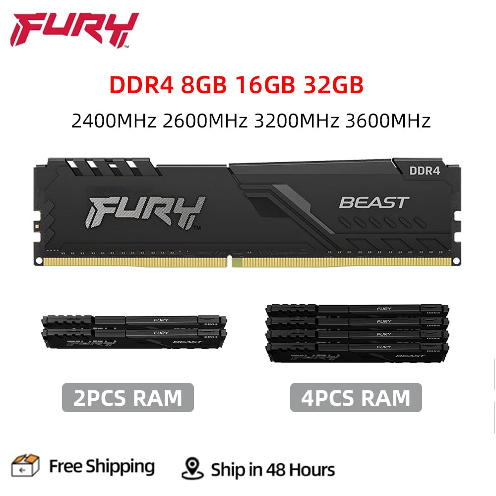 Fury Beast DDR4 8GB 16GB 32GB 3200 2400 2666 3600MHz Desktop Memory 288Pin 1.2V DIMM PC4-19200 21300 25600 28800 DDR4 RAM