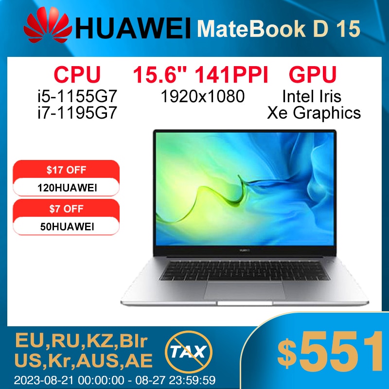 2021 HUAWEI MateBook D15 15.6" i5-1155G7/i7-1195G7 8GB/16GB 512GB Laptop Intel Iris Xe Graphics Netbook  Eye-protecting Computer