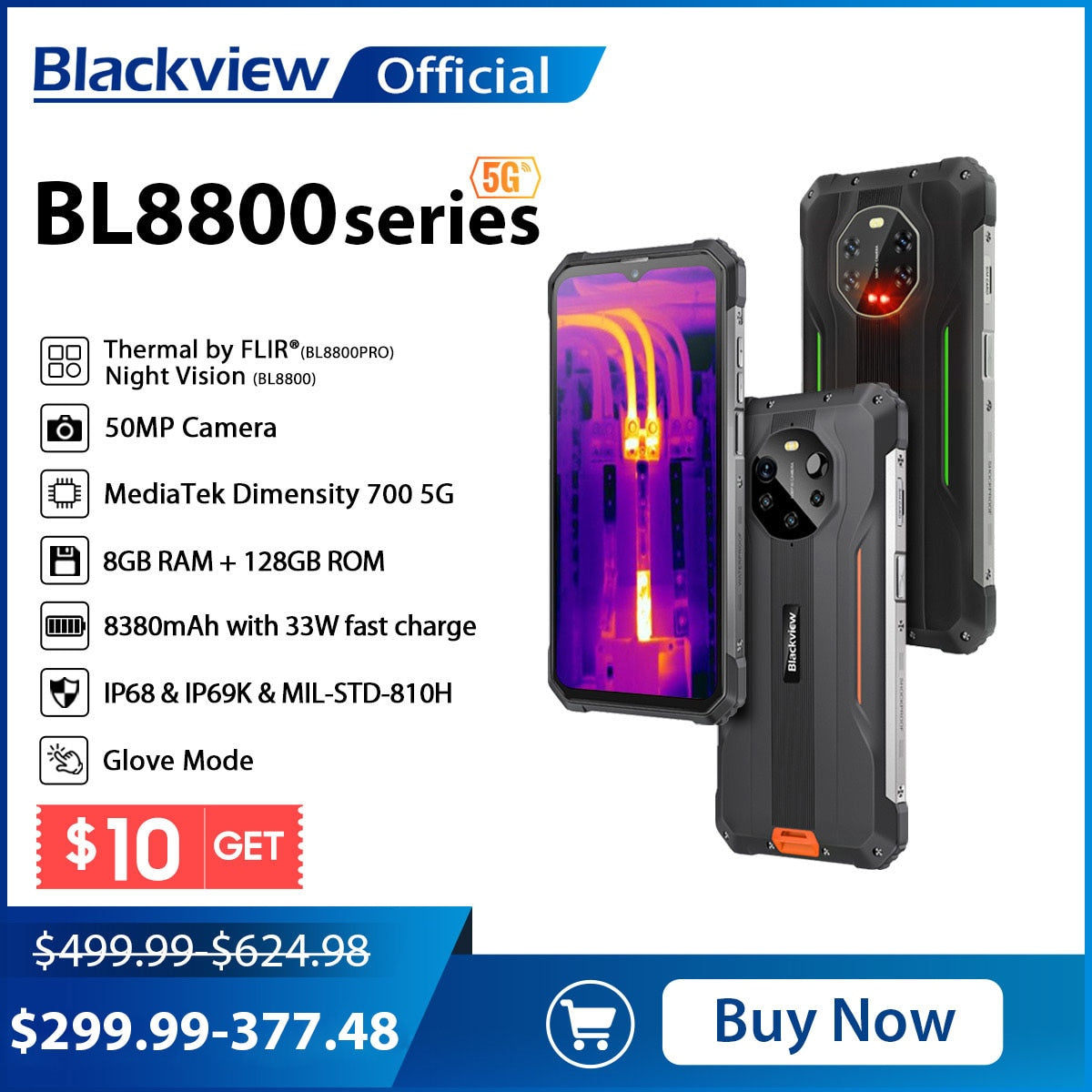 Blackview BL8800 Night Vision & BL8800 Pro 5G Rugged Phone Thermal Imaging Camera FLIR® Smartphone 6.58" 8GB+128GB Cell Phone