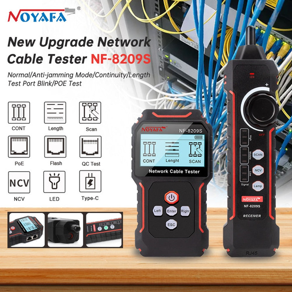 NOYAFA NF-8209S Network Cable Tester Cable Tracker Cat5 Cat6 PoE Tester Detect Length Continuity Test with NCV & Lamp