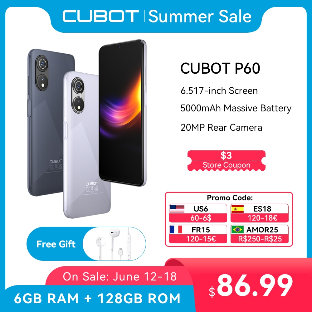 Cubot P60, Android 12 Smartphone, 6.517", Octa-Core, 6GB+128GB (256GB Extended), 20MP Camera, 5000mAh, Dual SIM 4G Celulares,GPS