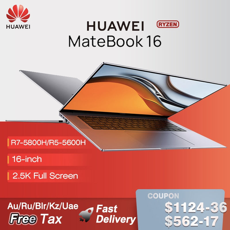 HUAWEI MateBook 16 Laptop AMD Ryzen R5-5600H/R7-5800H 16GB 512GB Notebook Radeon Graphics 16-inch 2.5K Eye Protection Computer
