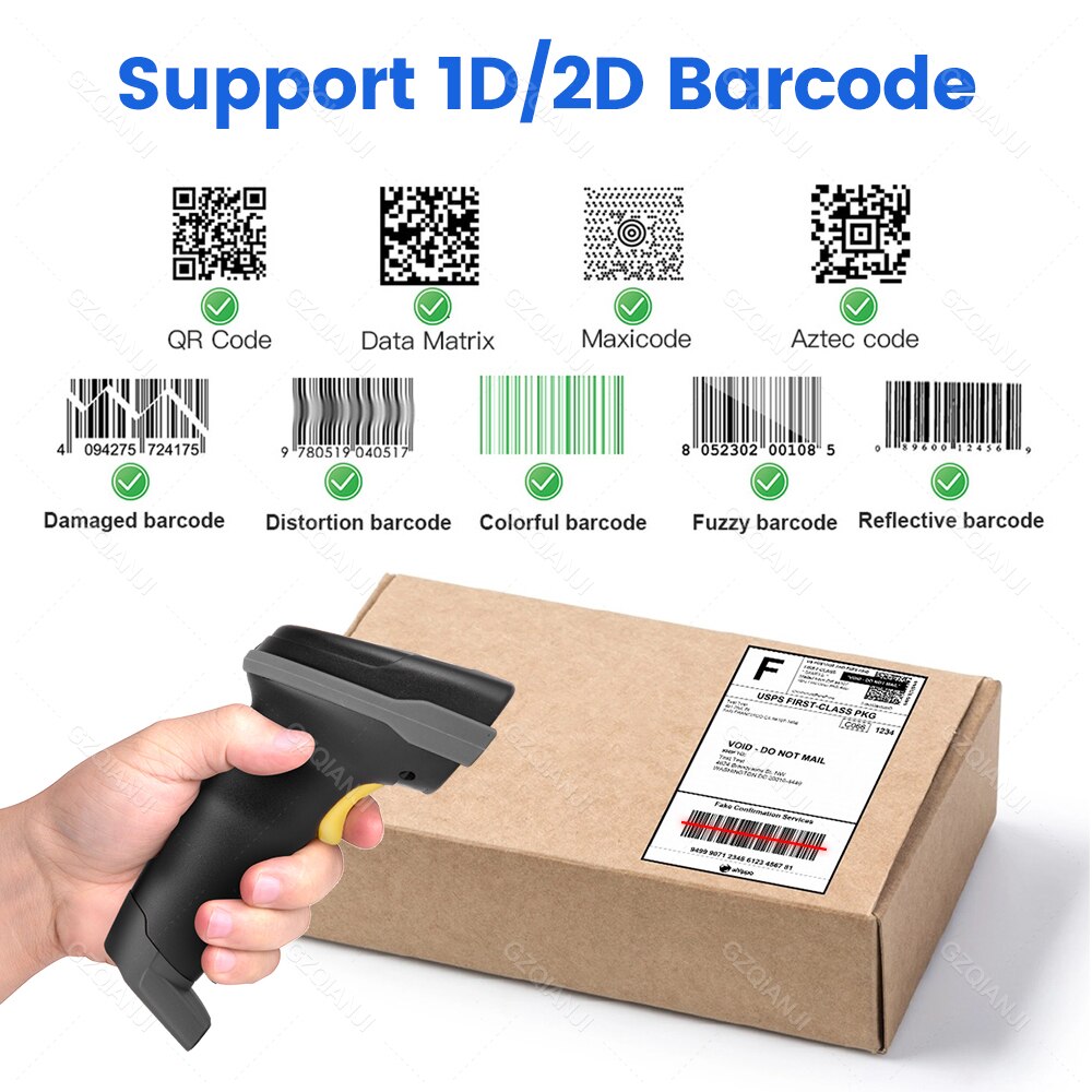 2D Bluetooth Barcode Scanner Wireless Wired QR Code Reader PDF417 Potable Barcode Reader Support for Logistic Store Inventory