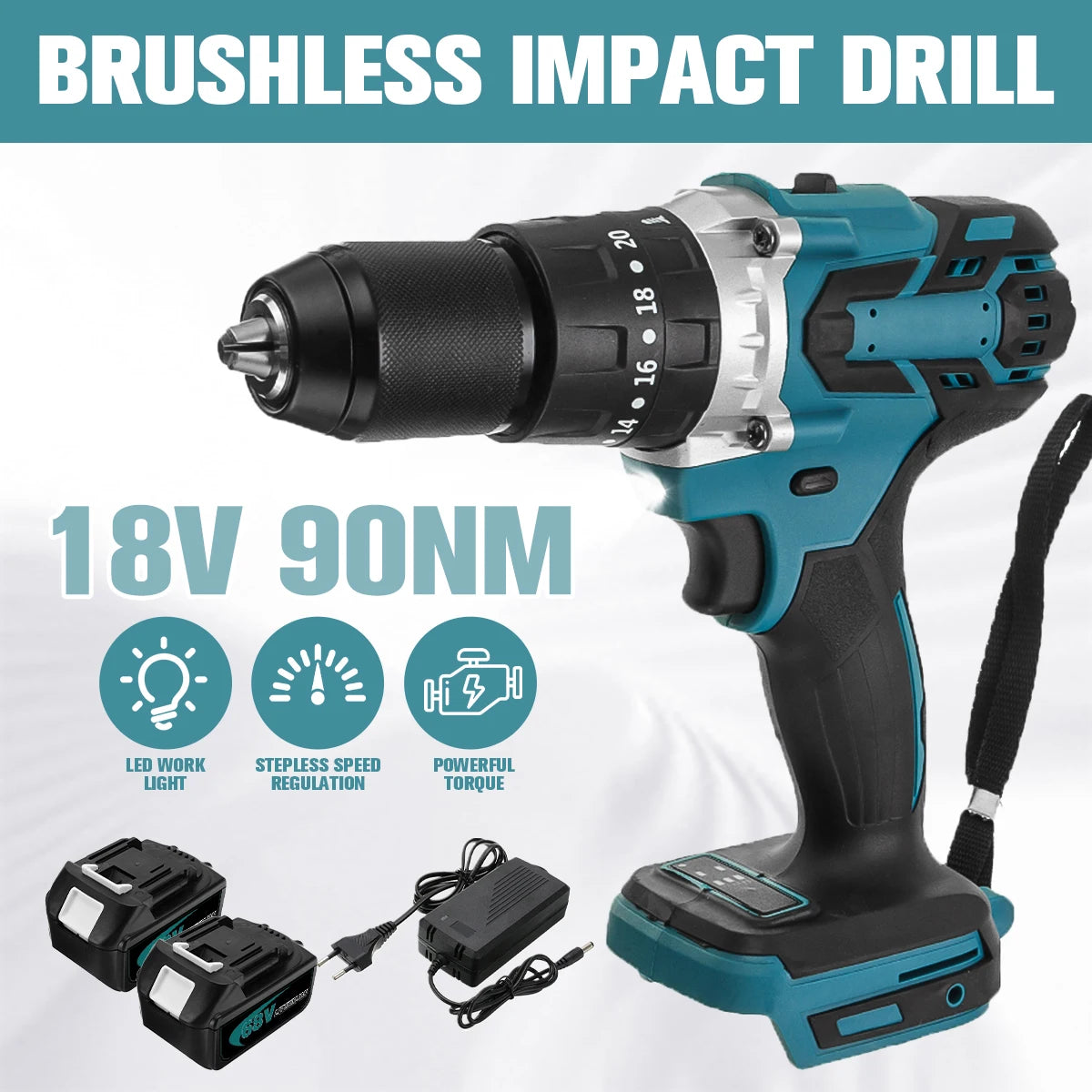 18V Electric Cordless Screwdriver Brushless Impact Wrench 13mm Electric Drill Rechargeable 3 in 1 Power Tools for Makita Battery