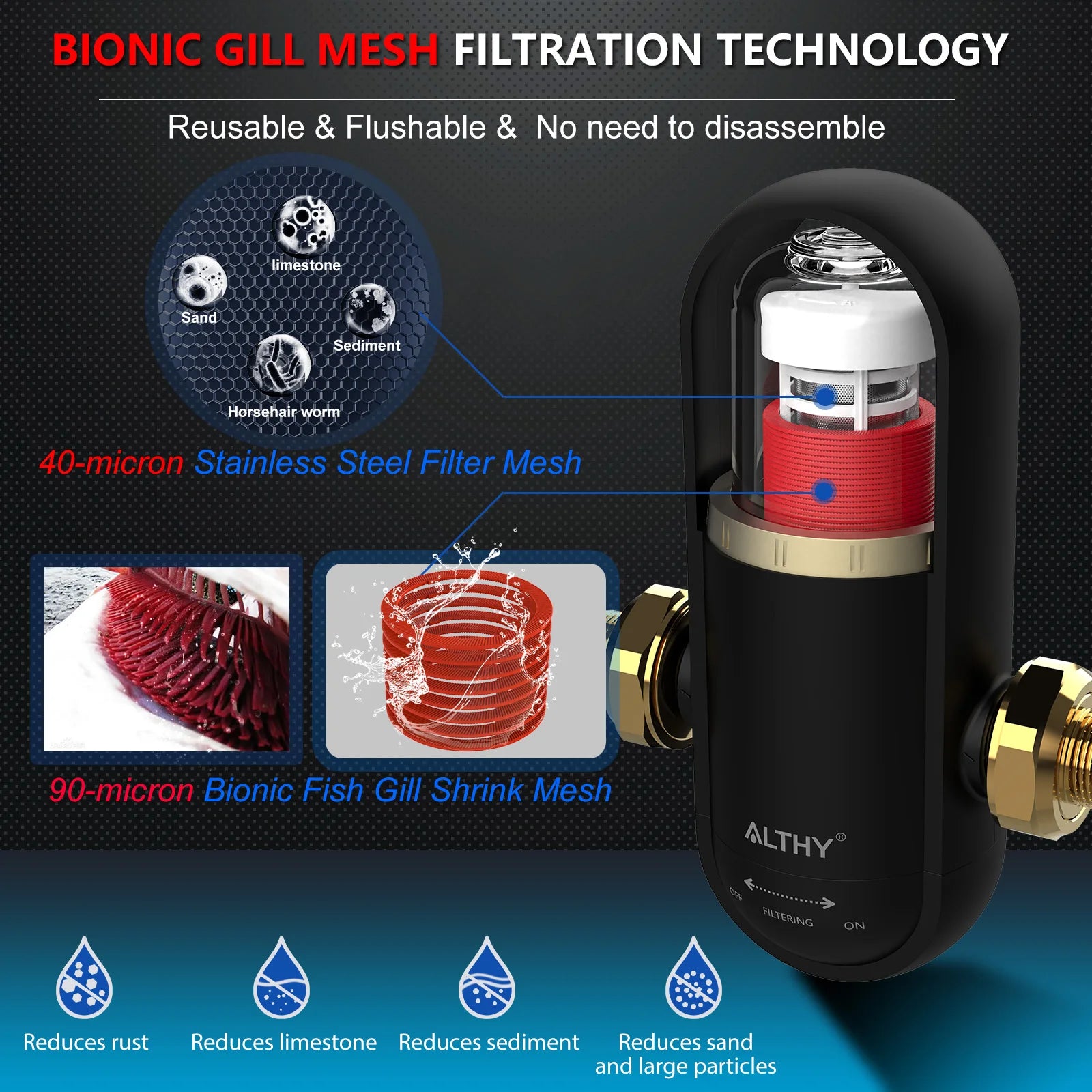 ALTHY PRE-U8 Bionic Gill + Stainless Steel Mesh Pre filter Whole House Spin Down Sediment Water Filter Purifier Backwash