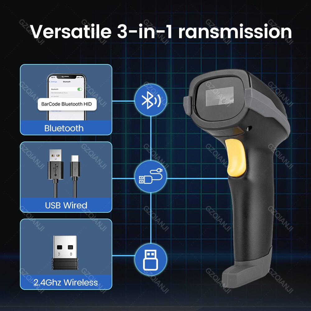 2D Bluetooth Barcode Scanner Wireless Wired QR Code Reader PDF417 Potable Barcode Reader Support for Logistic Store Inventory