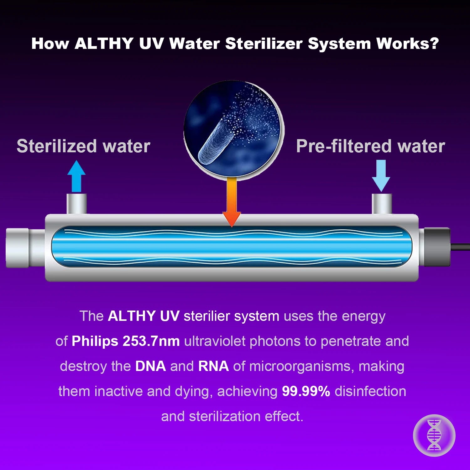 ALTHY Stainless Steel UV Water Sterilizer System Ultraviolet Tube Lamp Direct Drink Disinfection Filter Purifier 1GPM / 2GPM